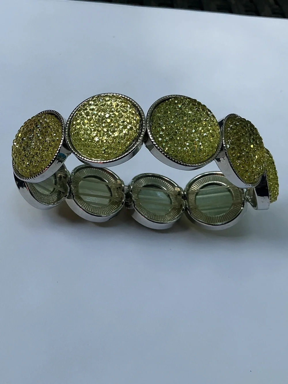 Yellow round Cabachon stretch elastic bracelet with matching earrings.